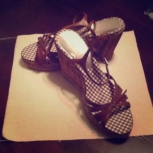 Brown and white checked shoes