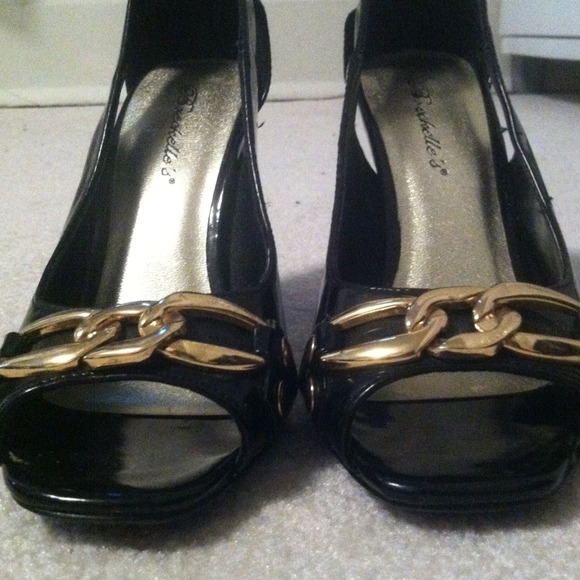 Black Patent leather open toe heels w/ gold on toe