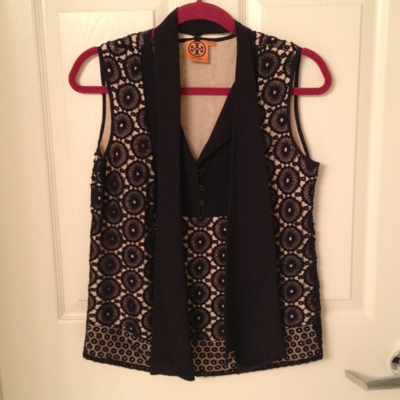 Tory Burch navy crochet top with neck-tie