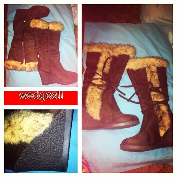 Zip up faux fur brown knee high wedge boots.