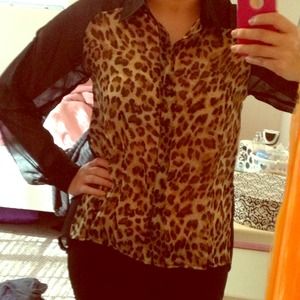 Leopard Polyester High Low Button Up