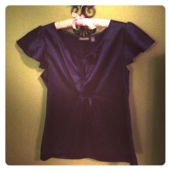 Navy Satin Flutter Sleeve Blouse