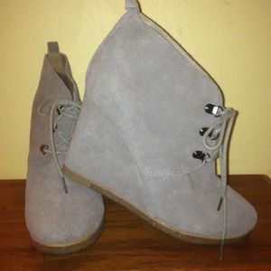 LIKE NEW, tan suede  wedge booties.
