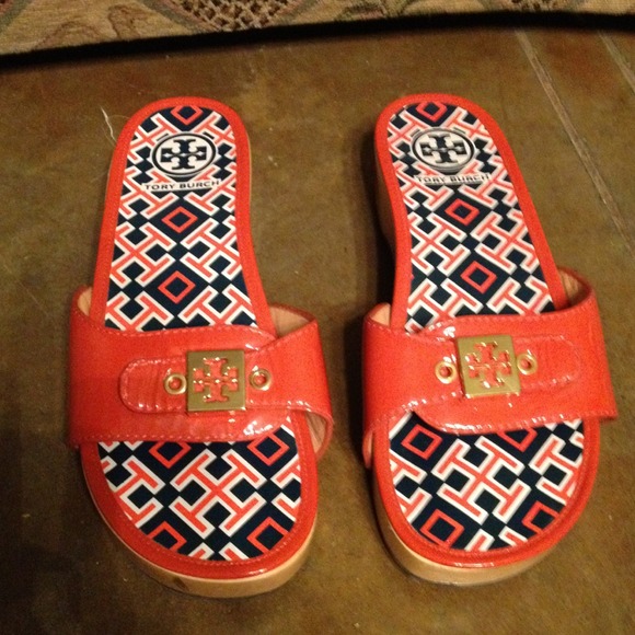 Orange and Navy Tory Burch wooden sandals