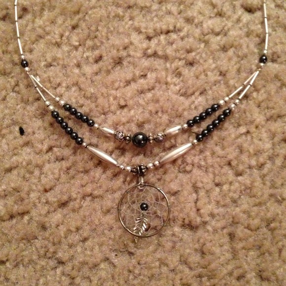 Silver and metallic black dream catcher necklace