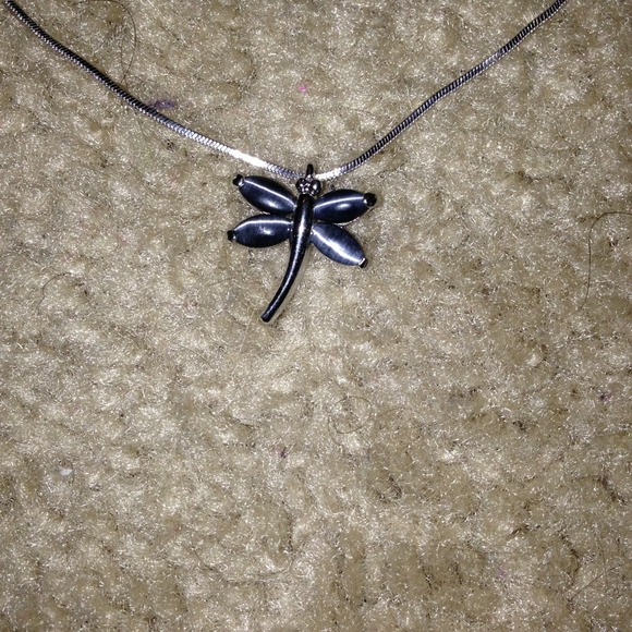 Silver with metallic black firefly necklace.