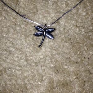Silver with metallic black firefly necklace.