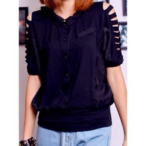 Tops - 🚫SOLD🚫Black Lapel Short Sleeve Batwing Shirt Tops - 🚫SOLD🚫Black Lapel Short Sleeve Batwing Shirt