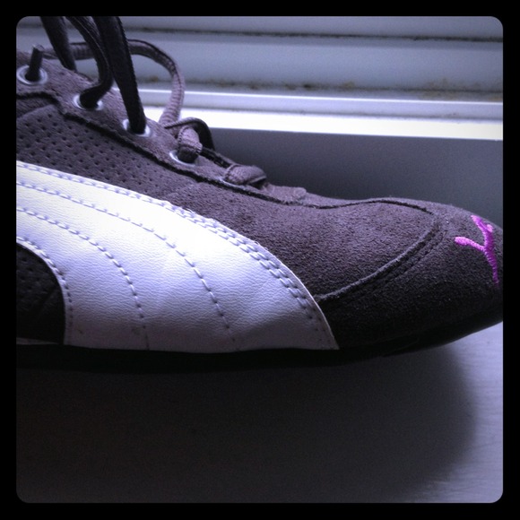 Puma sneakers. Dark gray, white & purple accents.