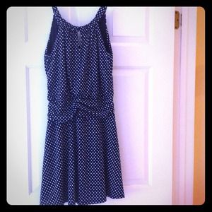 Navy and white polka dot jersey dress