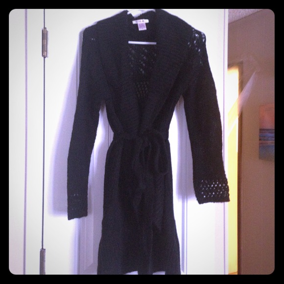 SOLD New long black belted knit sweater