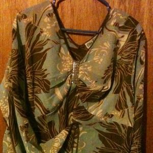 Sheer dressy blouse, lgt blue/brown cream mix