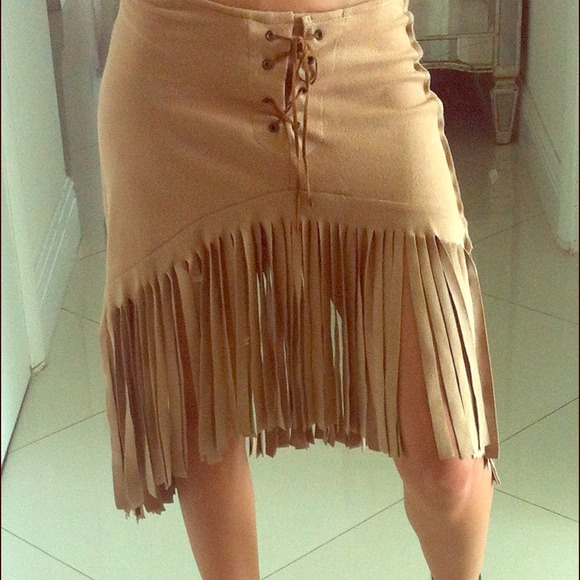High low fringe skirt camel