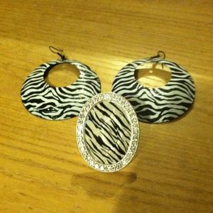 Zebra print Earrings with matching ring