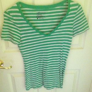 American eagle green and white stripped v-neck
