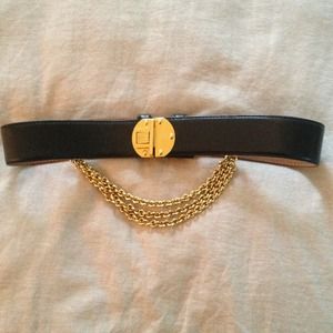 Donna Karan black leather belt with gold chain.
