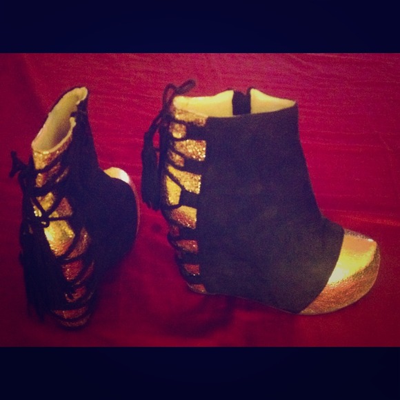 Gold and black wedge bootie