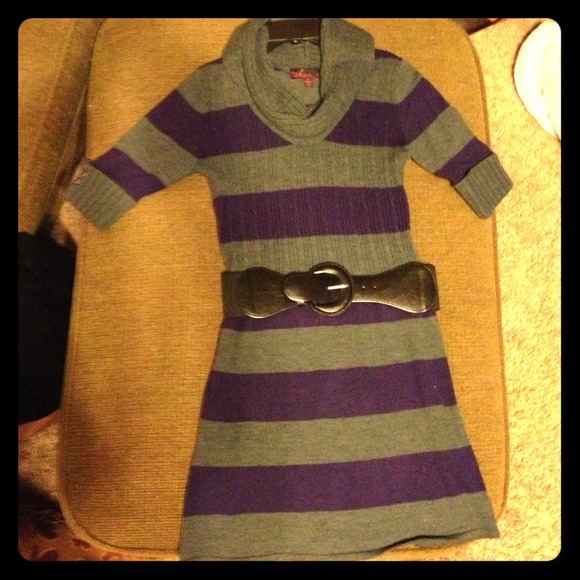 Purple,gray striped sweater dress.belt detachable