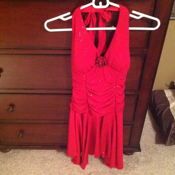 Red cocktail dress with glitter & red/black flower