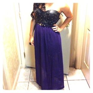 Gold stud bustier, purple maxi skirt with slit f21