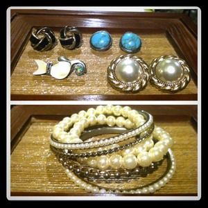 Earrings, cat pin & set of pearl bracelets