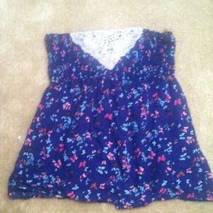 Navy blue strapless shirt with butterflies