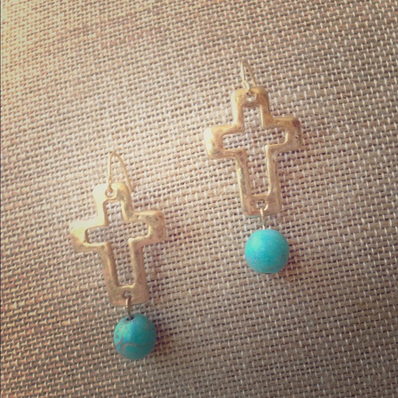 SOLD Sheryl Gold Tone Cut Out Cross Drop Earrings