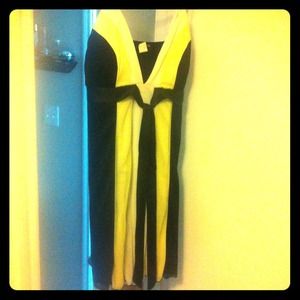 Black, yellow, and white cocktail dress.
