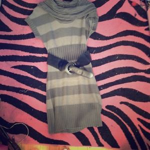 Striped grey dress with black belt