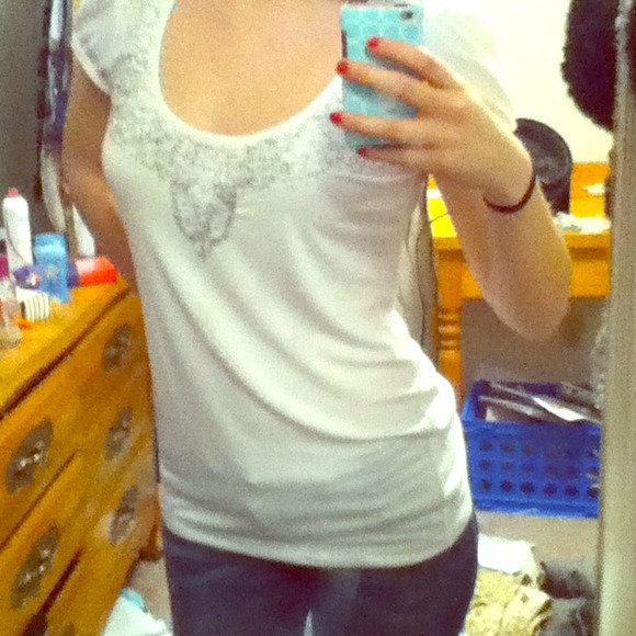 White silver beaded neck party shirt