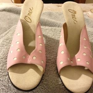 Vintage Pink & White Polkadot slip ons sandals.