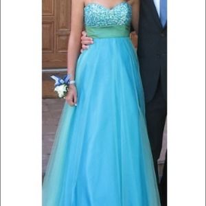 Strapless aqua blue full length prom dress