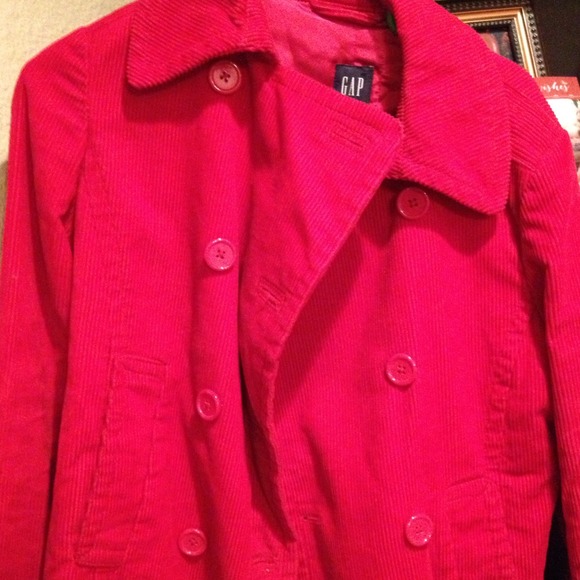 Red corduroy pea coat