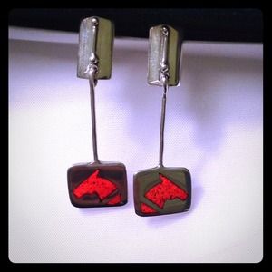 Silver Equestrian Dangles w. Red Glass Accent