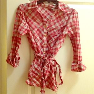 Red plaid button down shirt with tie waist.