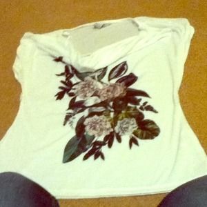 White roushed top with flower design