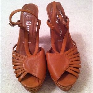 Reduced Tan Basket Weave Sling Back Platforms