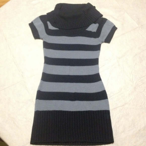 Black and grey striped sweater dress.