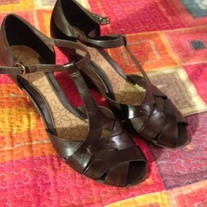 Brown leather wedge sandals