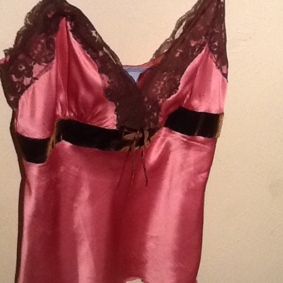 Nwot Pink silk top trimmed in brown lace & velvet. - Picture 2 of 3
