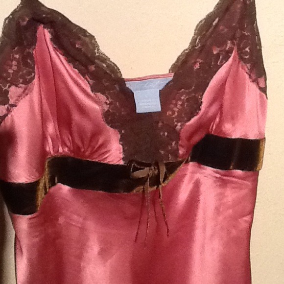 Nwot Pink silk top trimmed in brown lace & velvet. - Picture 3 of 3