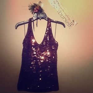 Chocolate colored knit halter top with sequins