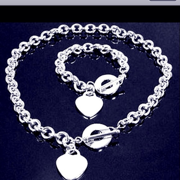 Heavy Plate Silver Heart Necklace and Bracelet Set