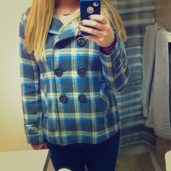 Blue wool and polyester winter coat