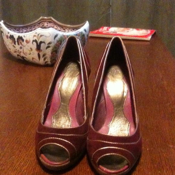 Scarlett and Gold Peep Toed Wooden Heels