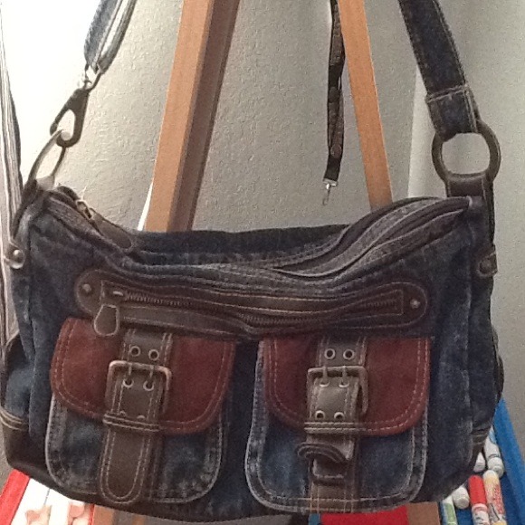 Denim brown  and blue purse.