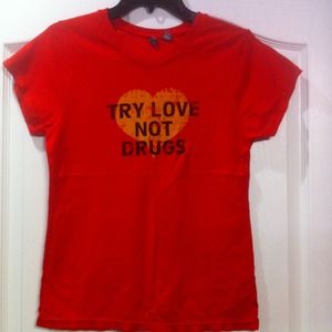 Red "Try Love Not Drugs" graphic tee