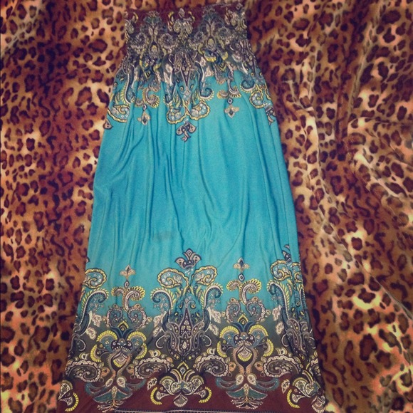 Satan teal and brown strapless dress