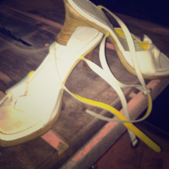 Worn once, cute  white sandals with low heel,