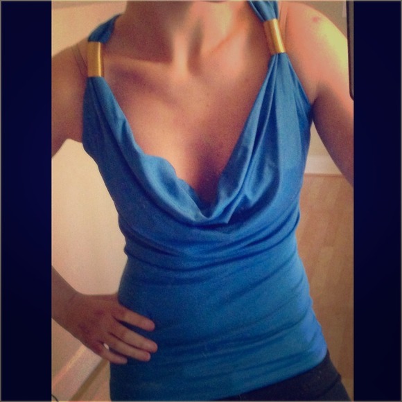Sky blue cowl neck tank top with gold accents - Picture 1 of 3